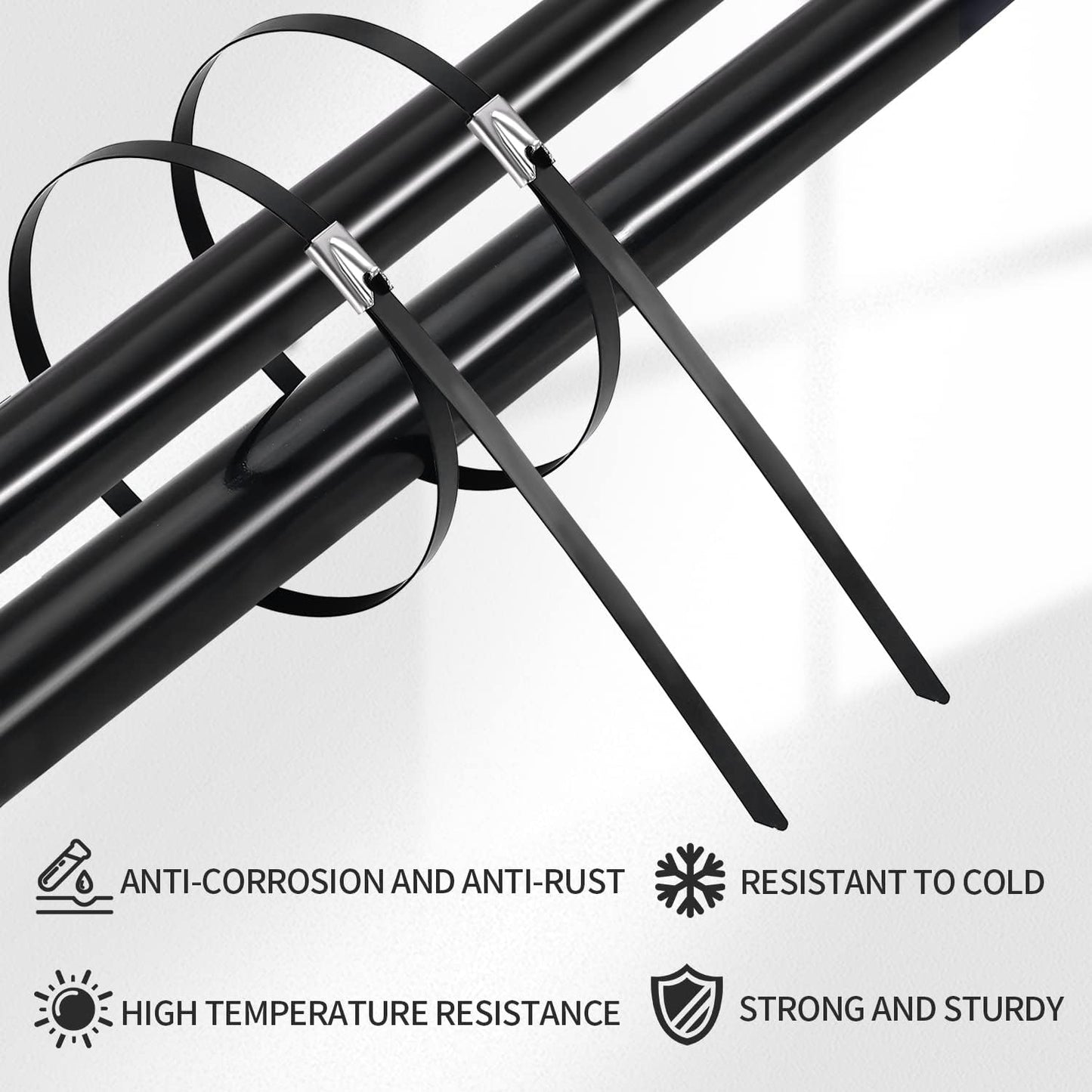 100pcs 11.8 inch 304Stainless Metal Zip Ties black steel Epoxy Coated Cable Tie Multi-purpose Self-locking Cable Ties