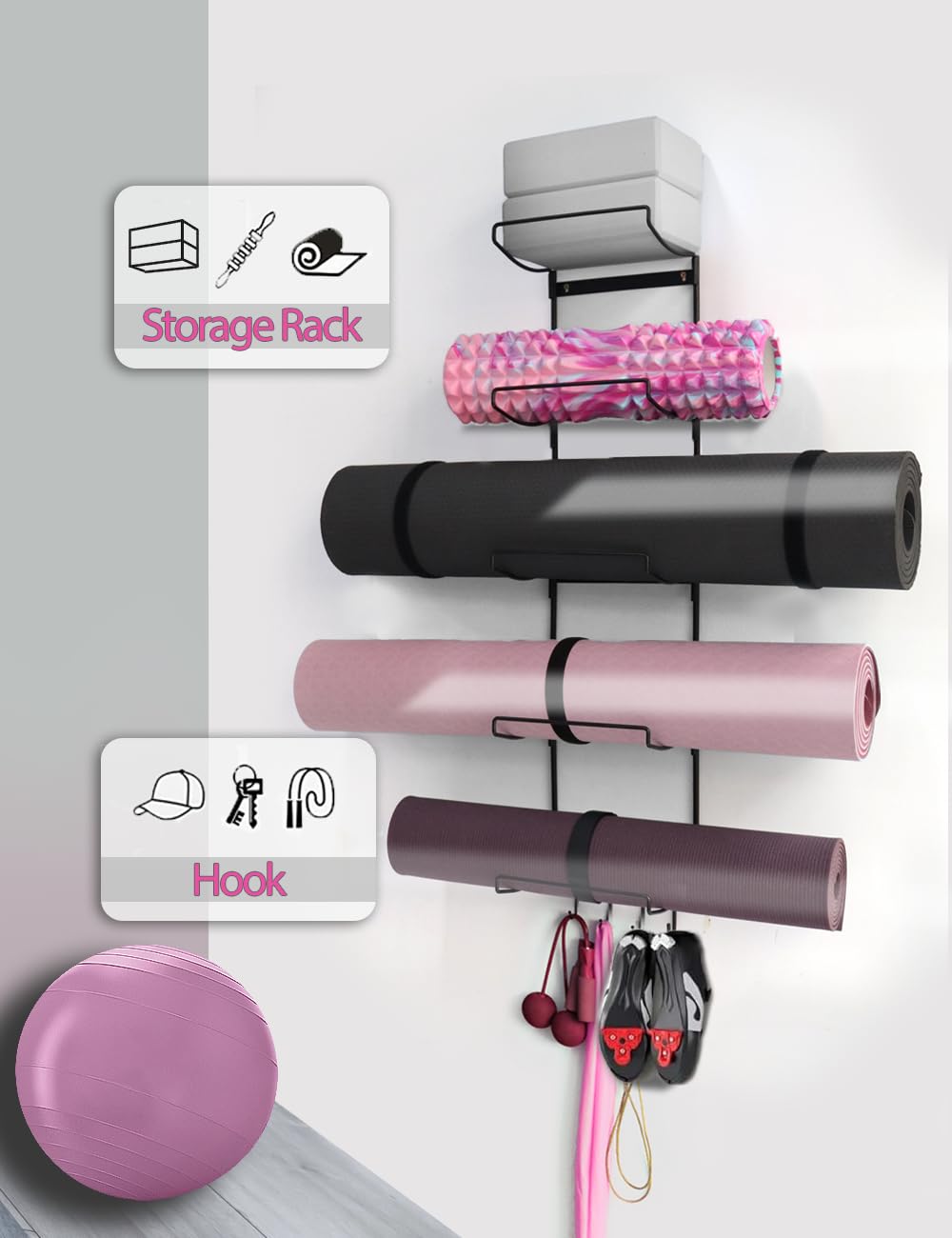 MRZZATA 5-Tiers Yoga Mat Holder Wall Mount, Metal Storage Rack for Mats/Wheels, Foam Roller and Block, Wall Rack with 3-Hooks for Hanging Stretching Strap, Resistance Bands, Yoga Accessories