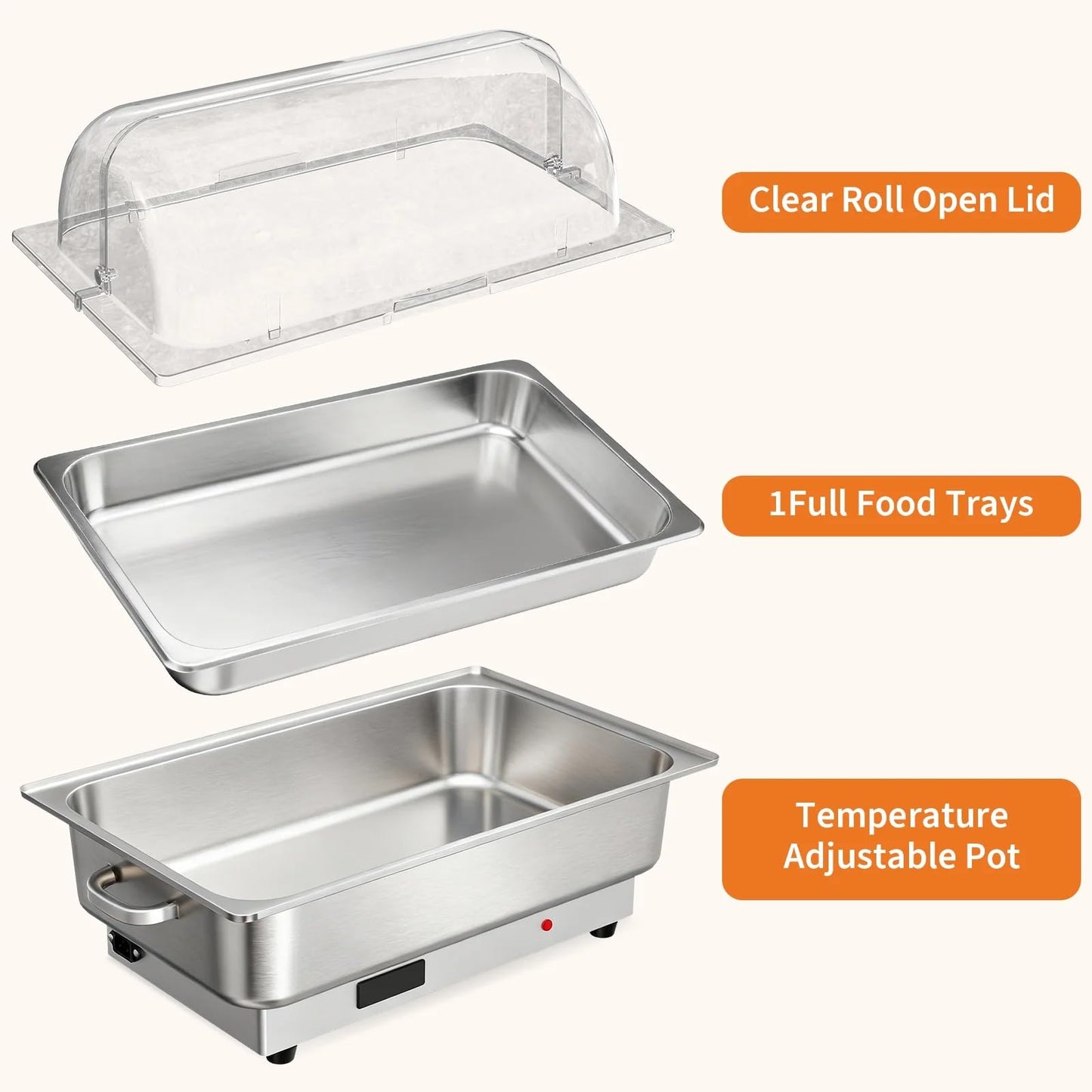 Garvee Electric Chafing Dish Buffet Set, 2 × 4.5 QT Roll Top Food Warmer with Transparent PC Lid, 400W Temperature Control 86-200°F, Stainless Steel Chafer for Catering Parties(2 Packs)