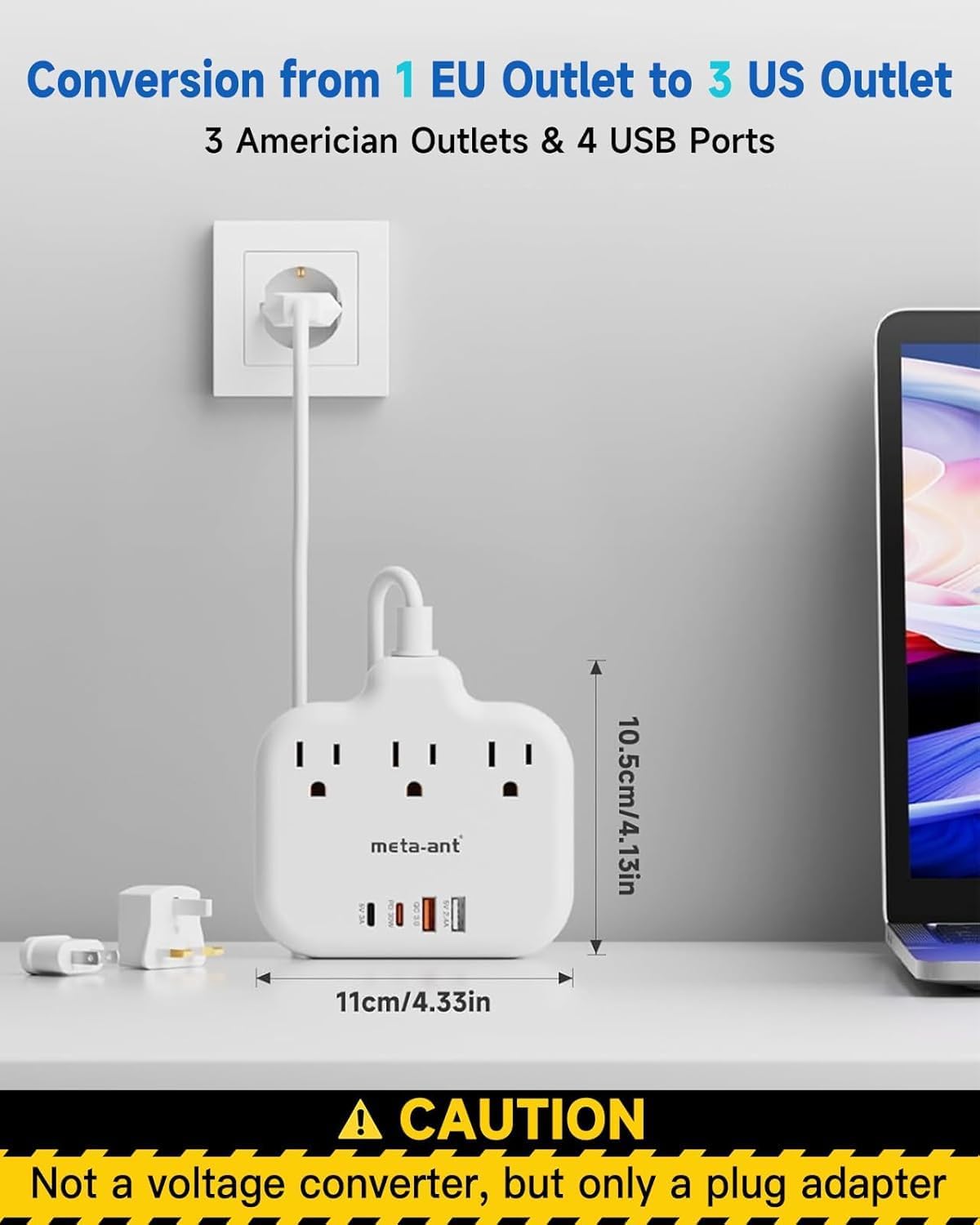 meta-ant PD30W 3 2 2 3ft European Travel Plug Adapter, International Power Adapter with Outlets USB-C and USB-A Fast