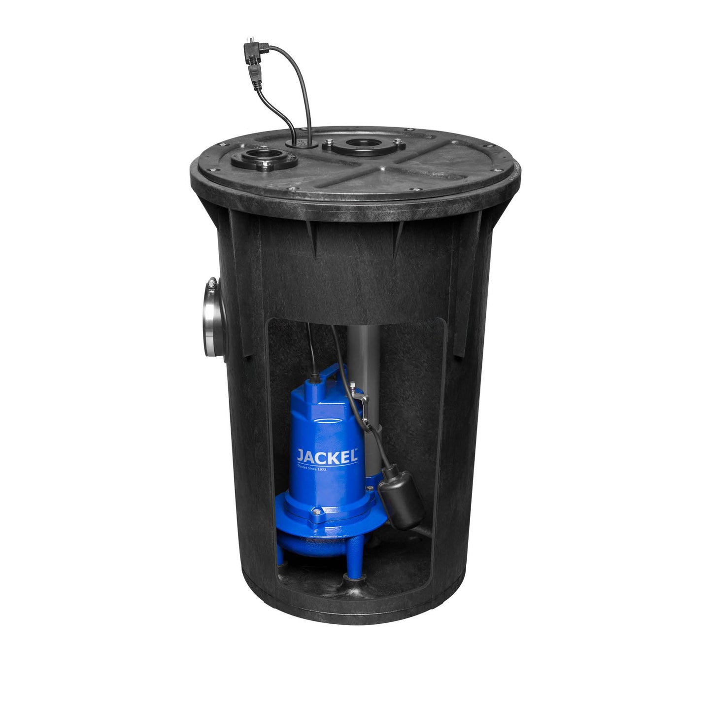 JACKEL Sewage Pump System, Pre-Plumbed, 1/2 HP, 9300 GPH, 2" Discharge, Tethered Float Switch, 30 Gallon Basin, Gas Tight Cover