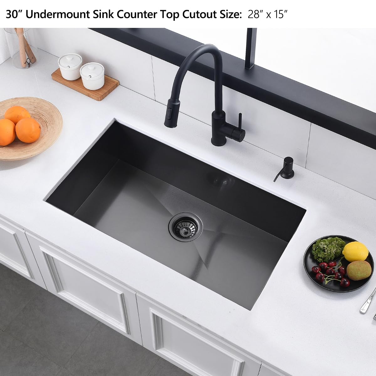 30 Black Stainless Steel Undermount Kitchen Sink, Luckyhorse 30" x 17" x 9" 18 Gauge Gunmetal Black Stainless Steel Undermount Kitchen Sink LH025SQ