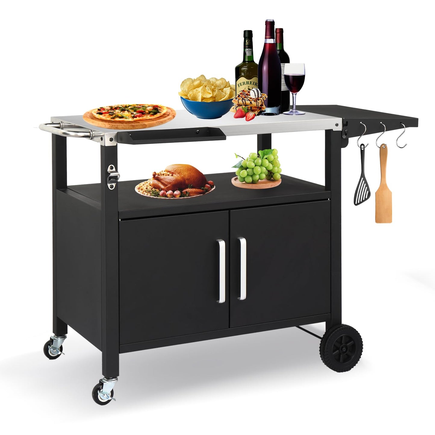 ROVSUN Gourmet Grill Cart with Storage, Movable Grill Table with Wheels, Hooks and Spice Rack, Stainless Steel Top & Storage Cabinet, Pizza Oven Cart for Camping, Tailgating, and Outdoor Cooking