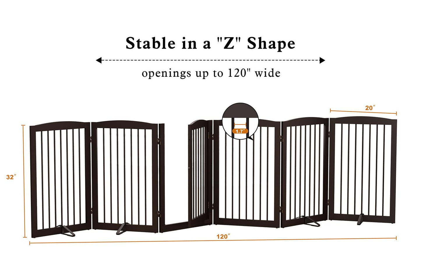 PUPETPO Freestanding Pet Gate with Door, Tall Dog Gate for House, Extra Wide, Pet Puppy Safety Fence, Support Feet Included, 120 Inch Wide, 6 Panels 32" Tall, Brown