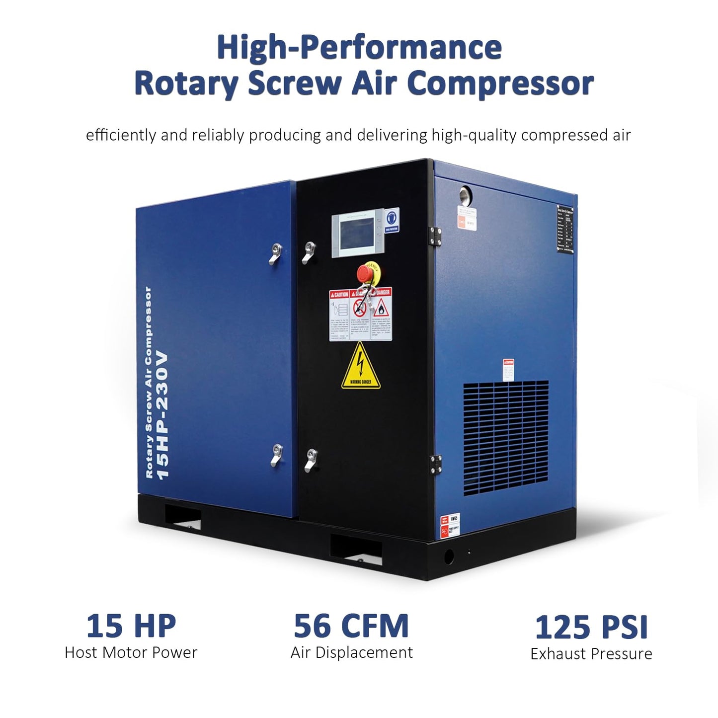 15HP Rotary Screw Air Compressor, 56 CFM, 125PSI, 230V 3PHASE 60HZ, Fixed Speed Compressor, Industrial-Grade, Heavy Duty Air Compressed System