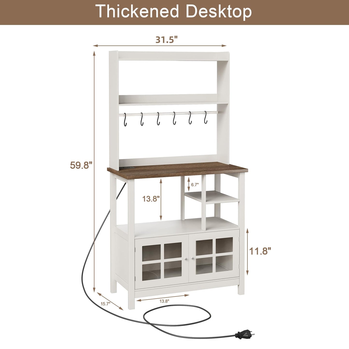 ChooChoo Farmhouse Bakers Rack with Power Outlets and Storage, Coffee Bar Cabinet with Storage, Microwave Stand Kitchen Cabinet with Hutch and 6 Hooks, Soft White & Brown