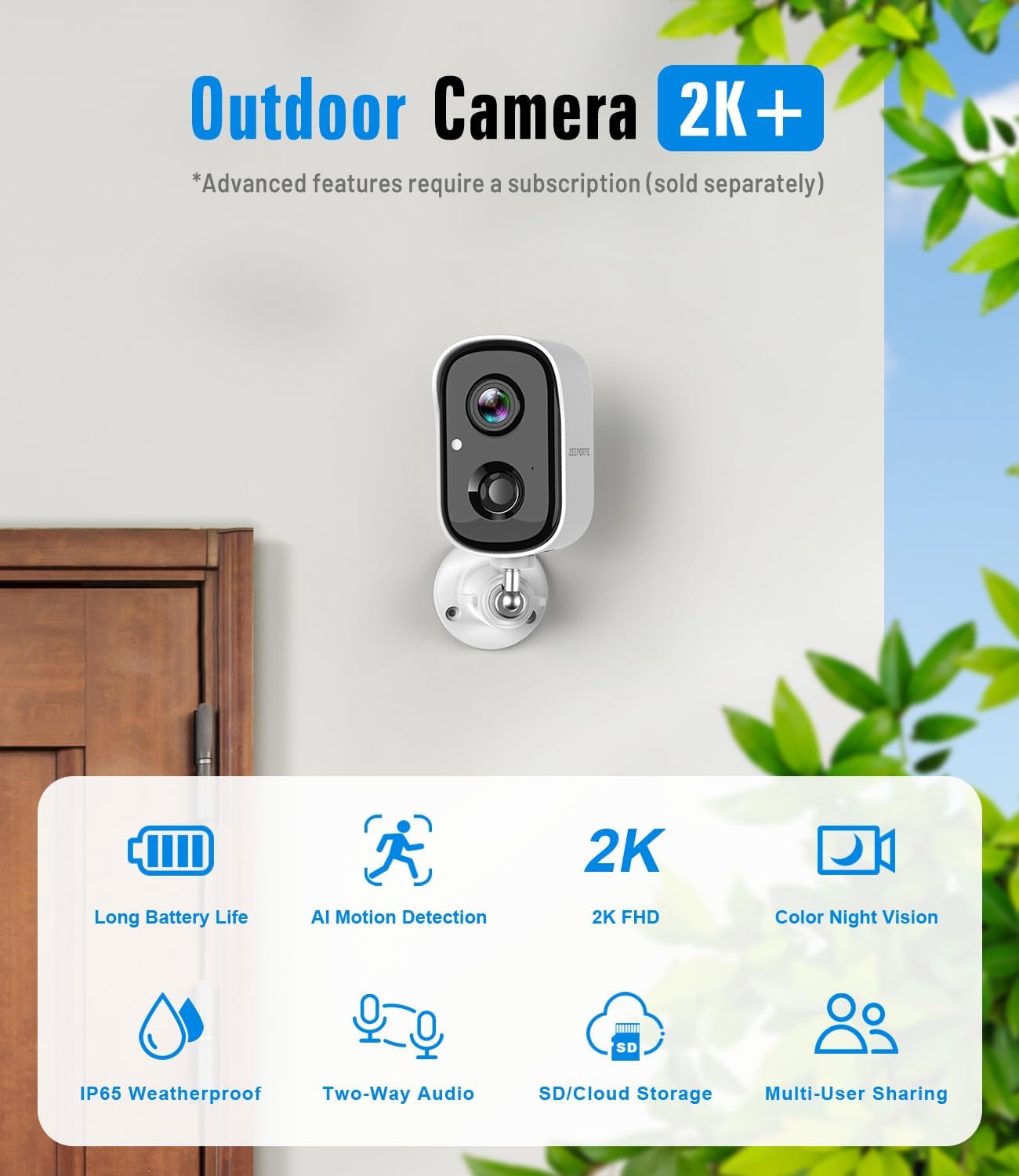 ZEEPORTE SECURITY 2K Security Cameras Wireless Outdoor, Cameras for Home Security with Color Night Vision, SD/Cloud