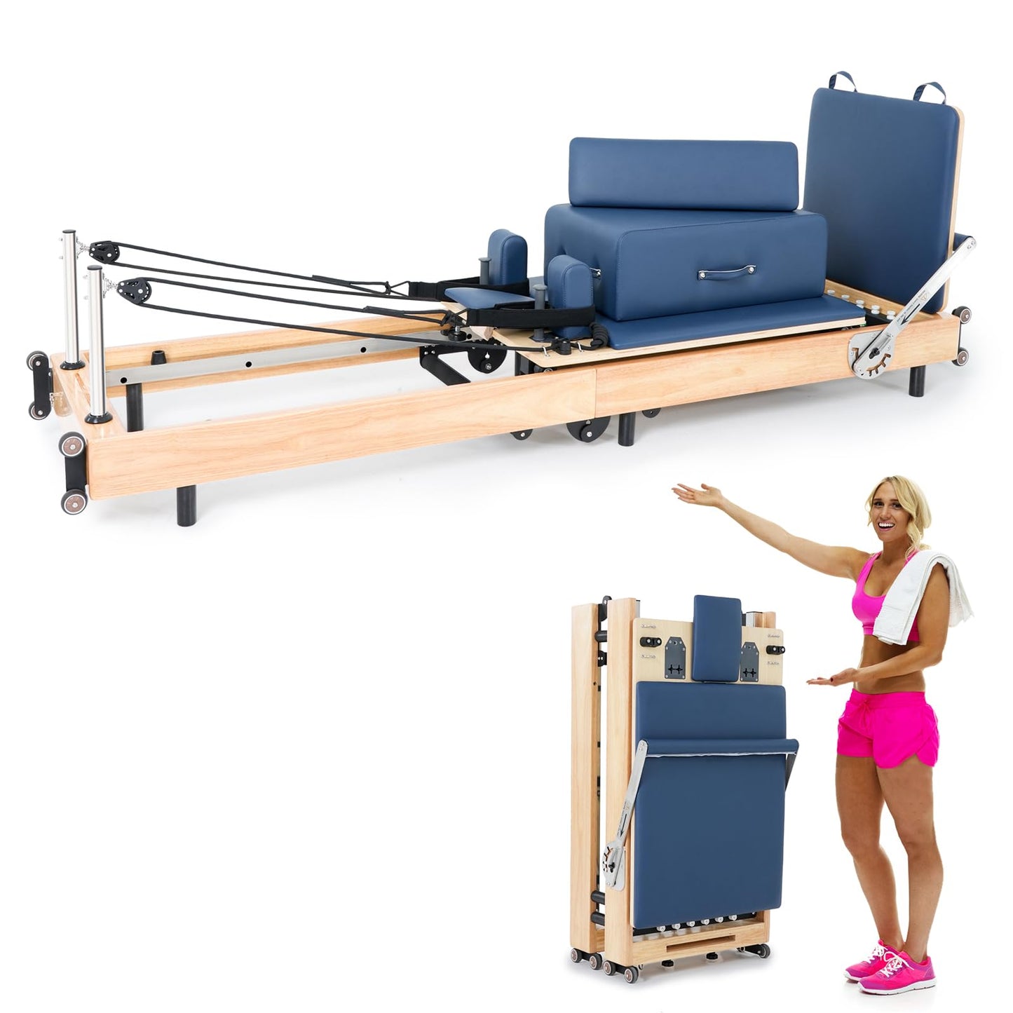 Foldable Pilates Reformer Machine, Oak Wood Pilates Equipment for Home Workouts and Studio Training, Reformer with Box, Jump Board, Foot Board and Accessories (Blue)