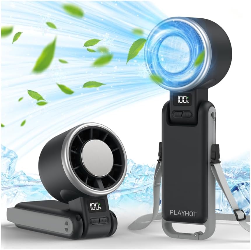 PlayHot Portable Handheld Turbo Fan - Rechargeable Ice Cooling Fan with 5 Speeds | Up to 12 Hours of Use (Black)