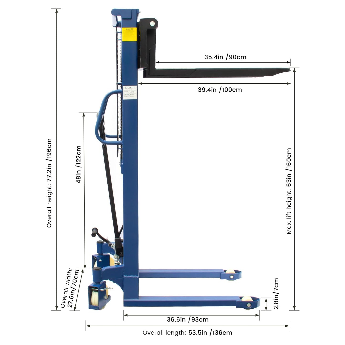 Fworkleft Manual Pallet Stacker 2200 LBS Capacity, 63" Lift Height Hand Pallet Forklift with Adjustable Forks & Fixed Legs, Heavy Duty Warehouse Material Lift for Open Deck Pallets