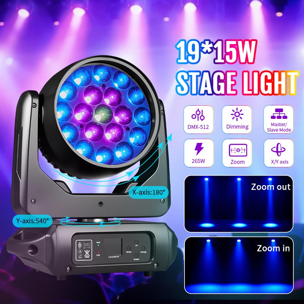 MINGJIE 19x15W Moving Head Stage Light,RGBW 4-in-1 LED Zoom Beam Wash Strobe Effect,DMX Sound Activated,540° Pan 270° Tilt,Professional DJ Lighting for Club Wedding Party Bar (Luces para) (1Pack=2pcs)