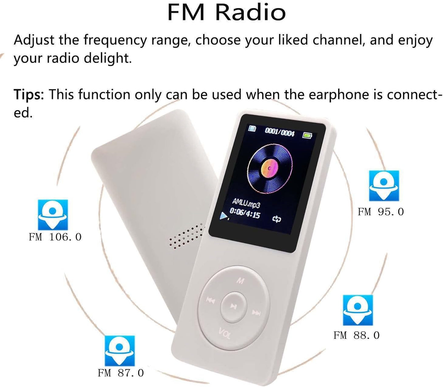 arungo MP3 32GB 1.8 inch 128GB Player with Speaker Earphone Portable Mini White Music Player Support Voice Recorder