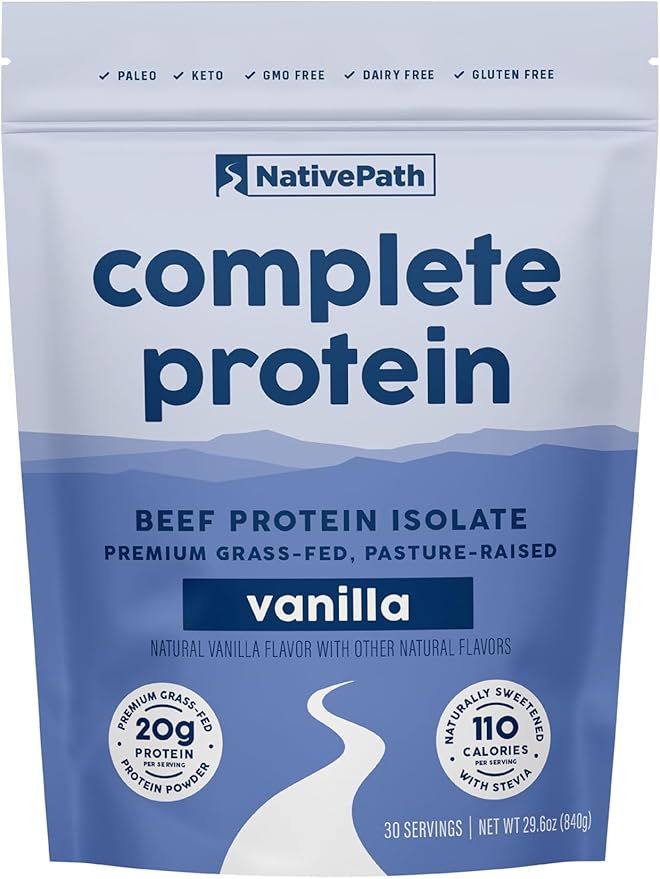 NativePath Complete Beef Protein Powder Isolate ??Grass-Fed, Pasture-Raised, Dairy & Lactose Free, Gluten Free, Zero Sugar, MCTs & Amino Acids ??20g Protein, Vanilla Flavor, 30 Servings