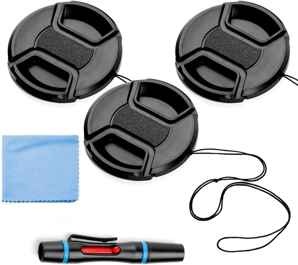 X-SweetDream 49mm 3 Pack Pinch Set Lens Cap Bundle, Universal Snap on Front Centre Lens Cover with Microfiber Lens