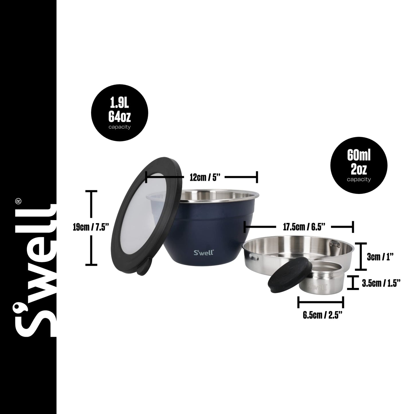 S'well lifetime brands europe limited Salad Bowl Kit, Azurite 1.9L - Salad Lunch Box with Condiment Container and Removable Tray - Leak-Proof and Dishwasher Safe,Black