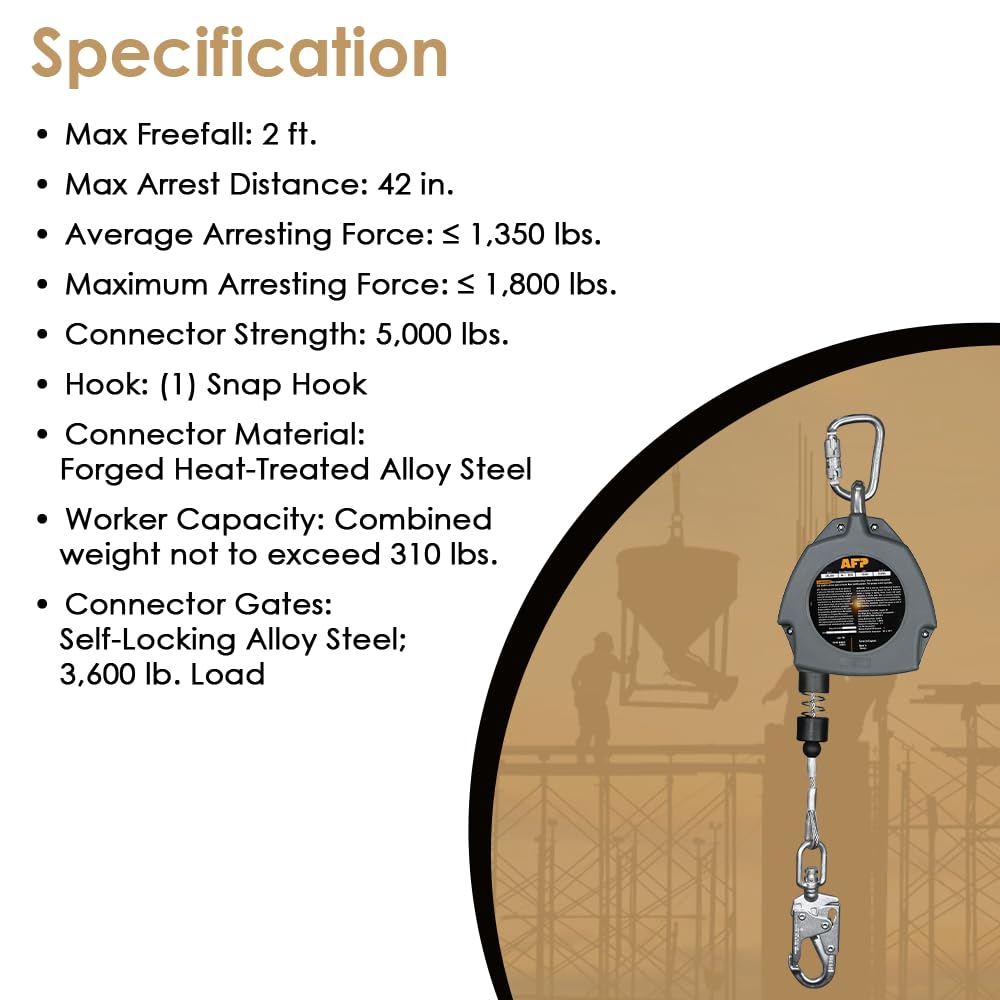 AFP Demon 30 FT Single Leg Self-Retracting Lifeline Cable Retractable | Steel Locking Snap Hook | Safety Yoyo | Fall Protection Arrest Limiter | Construction Industrial | OSHA & ANSI Rated SRL