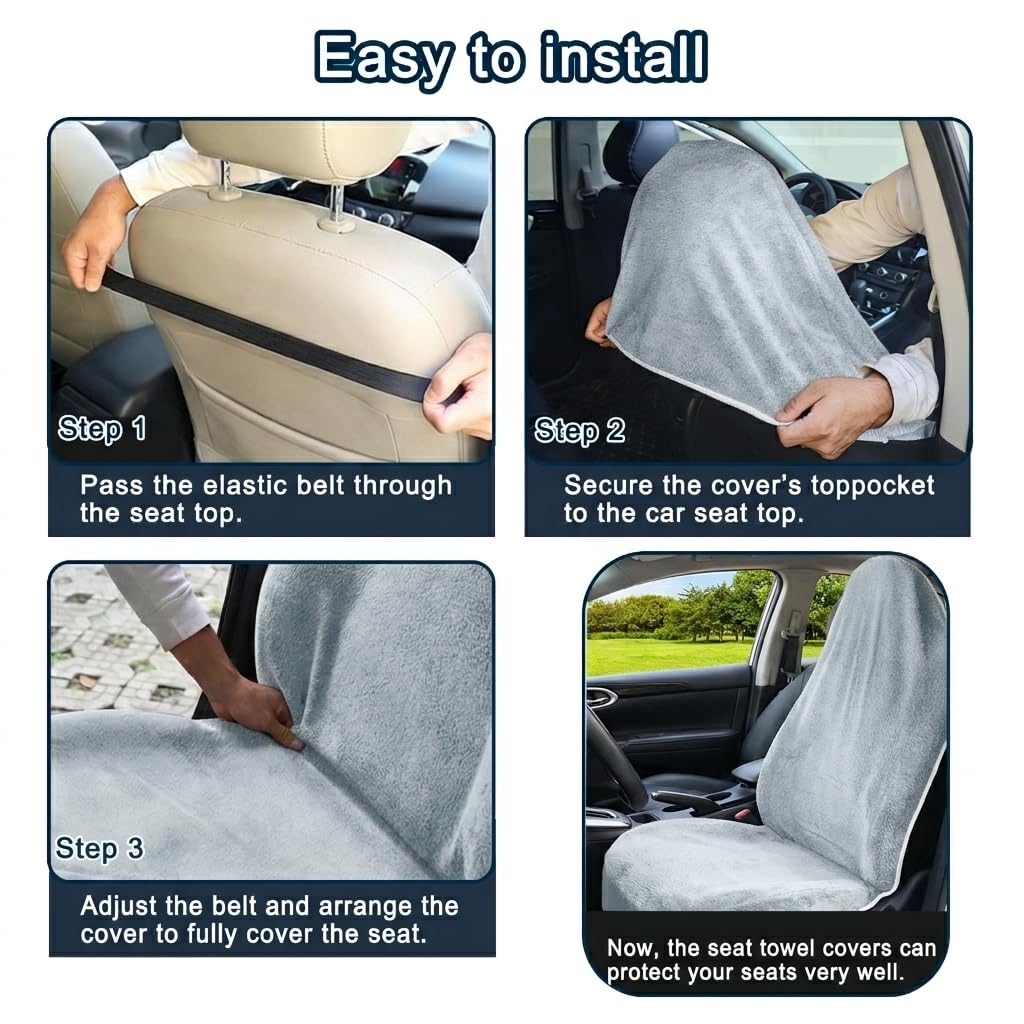 CORTHENA Car Seat Towel Cover, 2pcs Universal Front Seat Protector for Cars, SUVs and Trucks, Sweat Towel Car Seat Cover for Gym, Yoga, Swimming, Pets and Family Travel, Light Gray