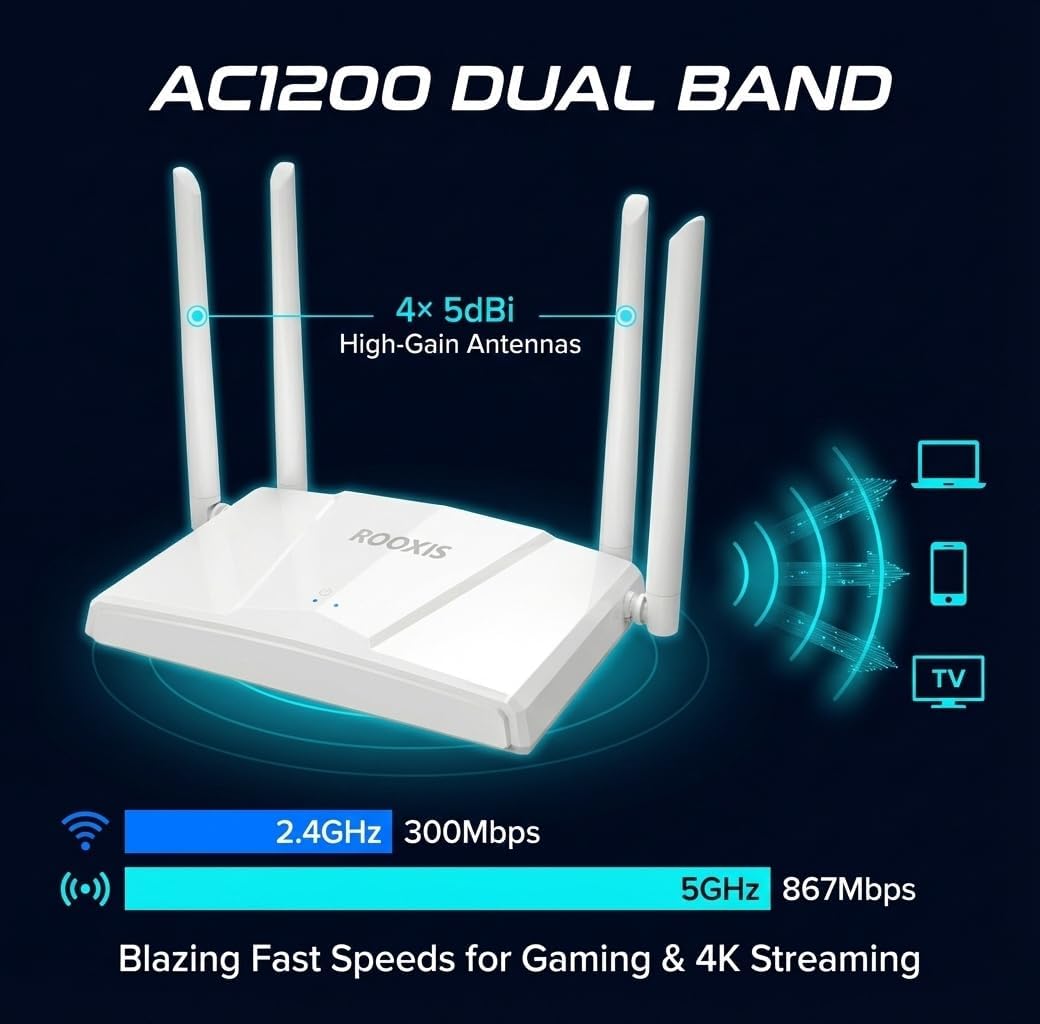 Rooxis AC1200 4 2500 WiFi Router Dual Band - Wireless Internet Router for Home | Gigabit Ethernet Ports, High-Gain
