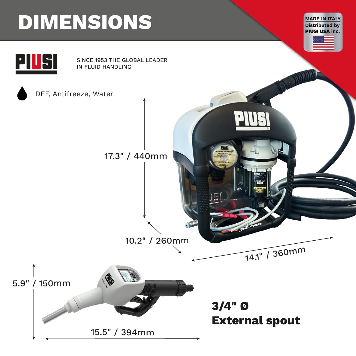 Piusi THREE25 DEF Transfer Pump Kit 9 GPM Equipped with Filter, 19 ft Discharge Hose, Automatic Nozzle with Meter Specifically Designed for IBC Tanks (DC 12V)