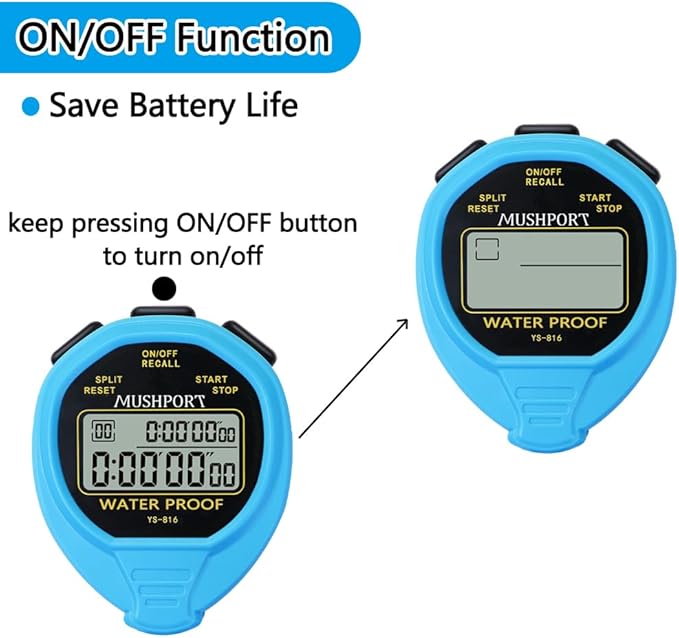 Waterproof Stopwatch Timer 30 Laps/Splits Only Stopwatch Mode, ON/Off Silent Memory Recall Simple Operation, Digital Stop Watch for Sports Swimming Running, Blue