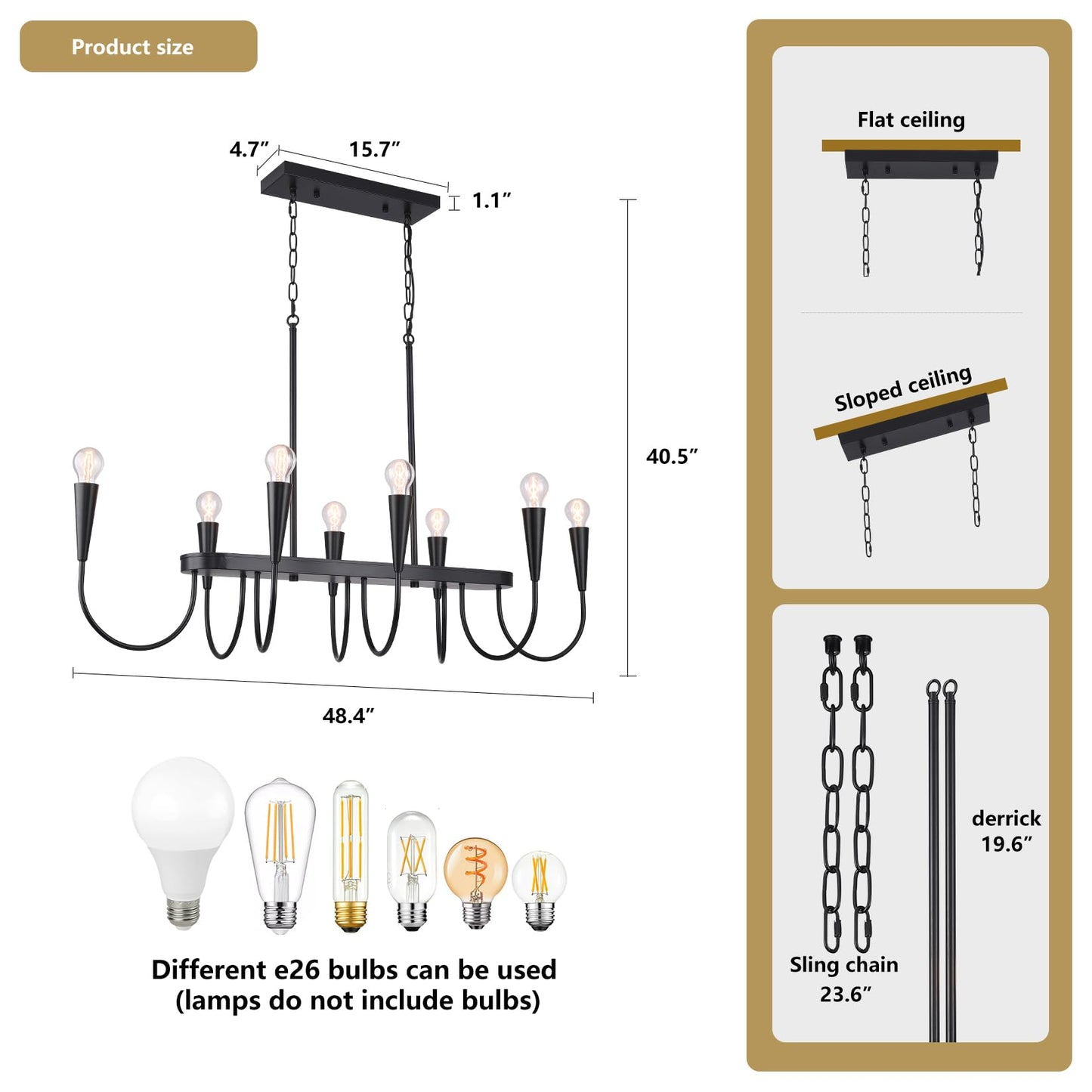 Fang Yan Mei 48 Inch Black Industrial Chandelier, 8-Light Linear Farmhouse Dining Room Ceiling Light for Kitchen Island, Adjustable Hanging Chain, E26 Bulb Base (Bulbs Not Included)