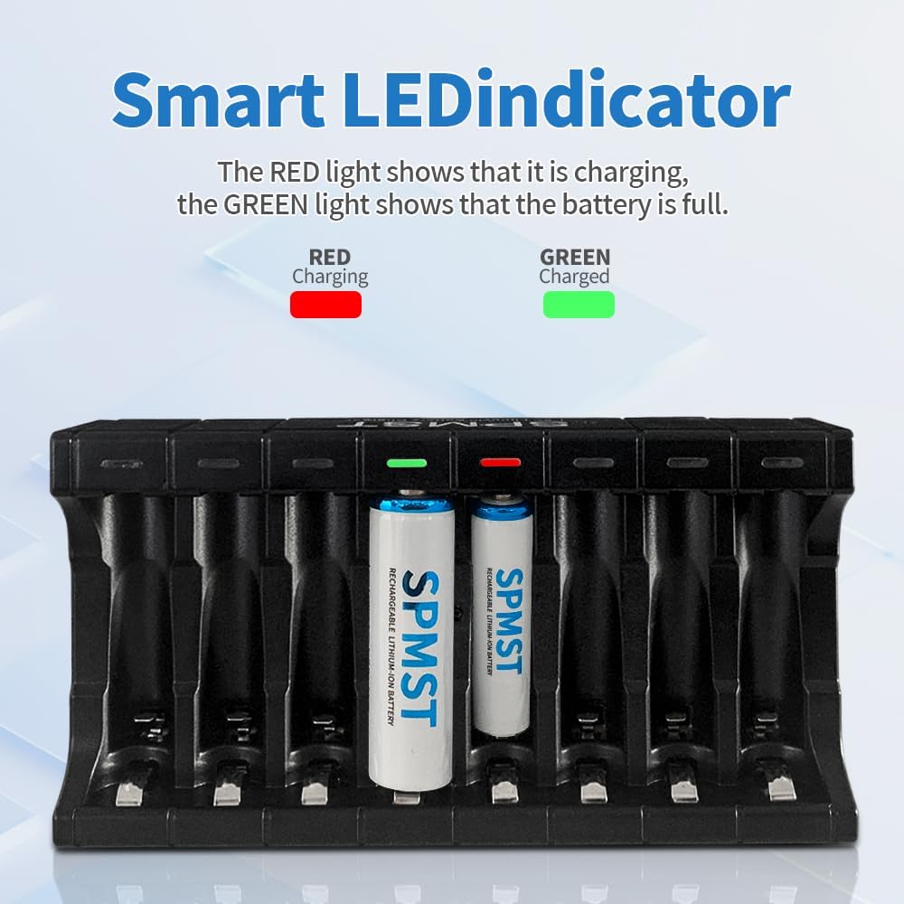 SPMST 5V 2A 8-Slot 1.5V AA/AAA Battery Charger: A Type-C Fast Charger with LED Indicators for Lithium AA/AAA Batteries