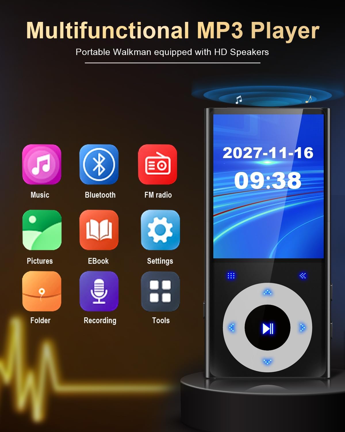 CCHKFEI 64GB MP3 2.4" MP3 MP3 128GB Player with Bluetooth Screen Hi-Fi Lossless Sound Bluetooth Player Built-in Speaker