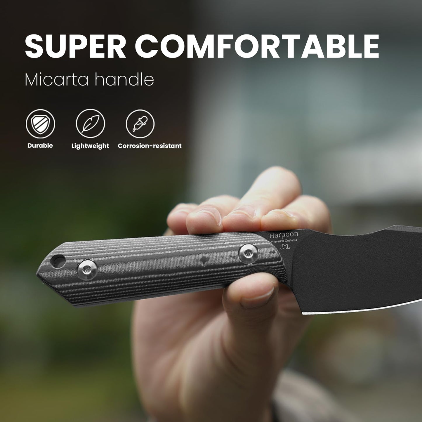 Kizer Harpoon Fixed Blade Knife, D2 Blade with Black Micarta Handle Hunting Knife, EDC Fixed Blade Knife with Sheath, Hiking Camping Knife 1040A1