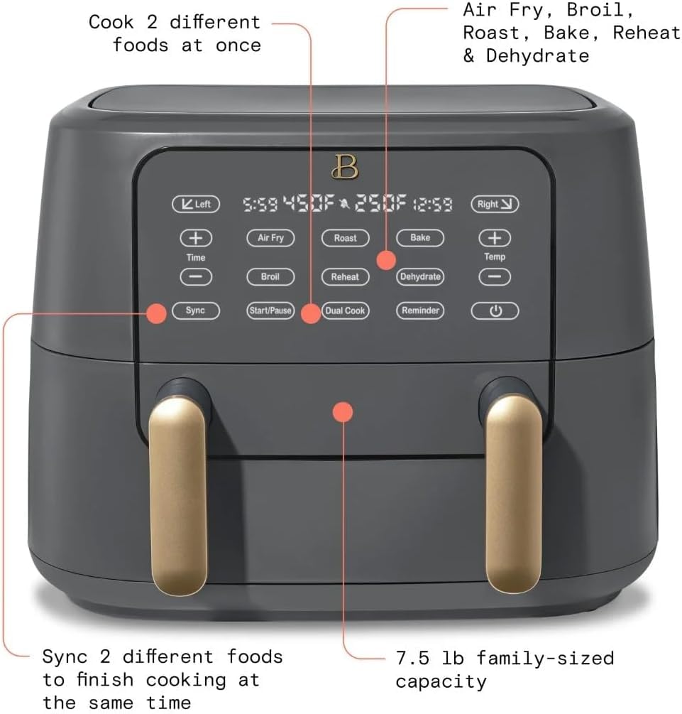 Trizone 9-Quart Dual Zone Air Fryer Exclusive with Divider & Crisper Trays, Digital Touchscreen for 2-in-1 Cooking By Drew Barrymoree (Grey)