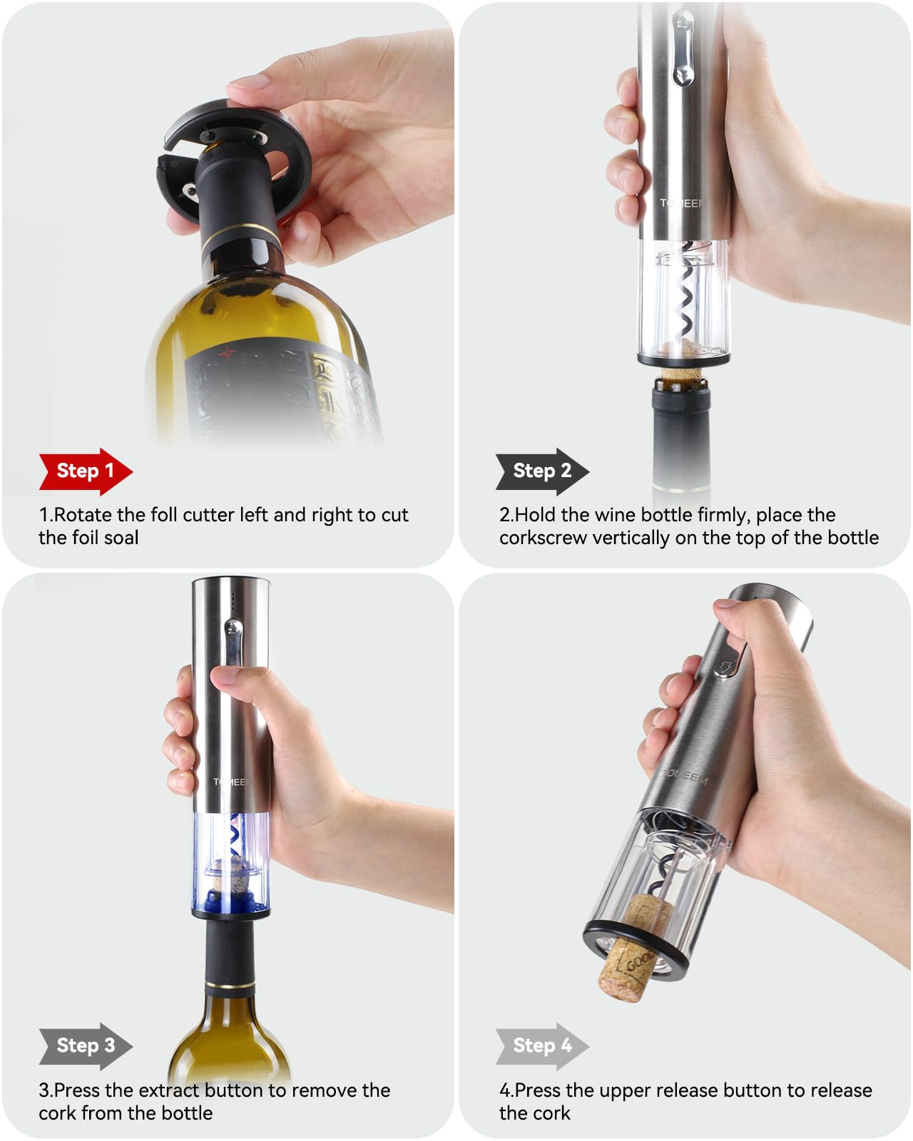 Rechargeable Electric Wine Gift Set - Aerator, Vacuum Stoppers, Foil Cutter and Bottle Opener for Home Bar and Outdoor Parties (Silver, Wine Opener Set)