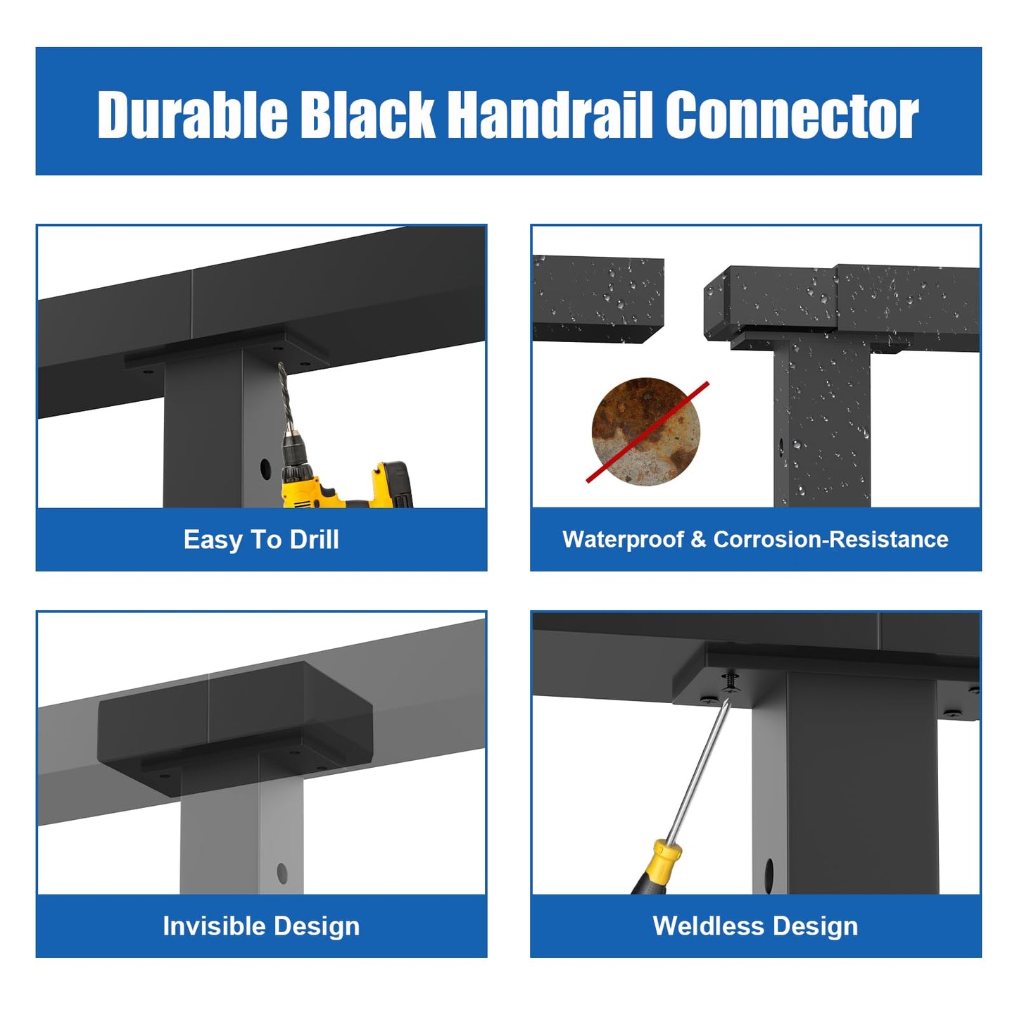BLIKA 2 Pack Extension Connectors with Screws, Black Flat Handrail Accessories for Cable Railing Handrail, POM Handrail Connector Fitting, Deck Stair Cable Railing Rectangular Handrail, BL03-L