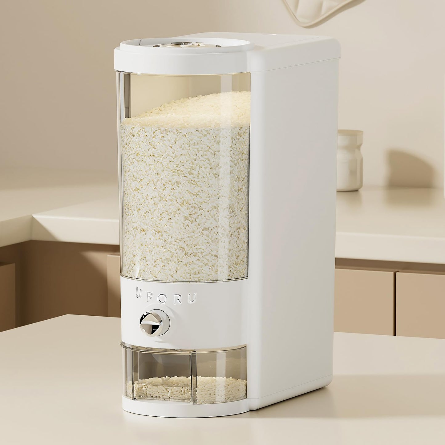 UFORU Rice Dispenser 20 lbs | Large Rice Storage Container for Kitchen&Pantry - Space-saving, Moisture & Pest-proof, BPA-Free - Dry Food Dispenser with One-Touch Dispenser & Measuring Cup for Families