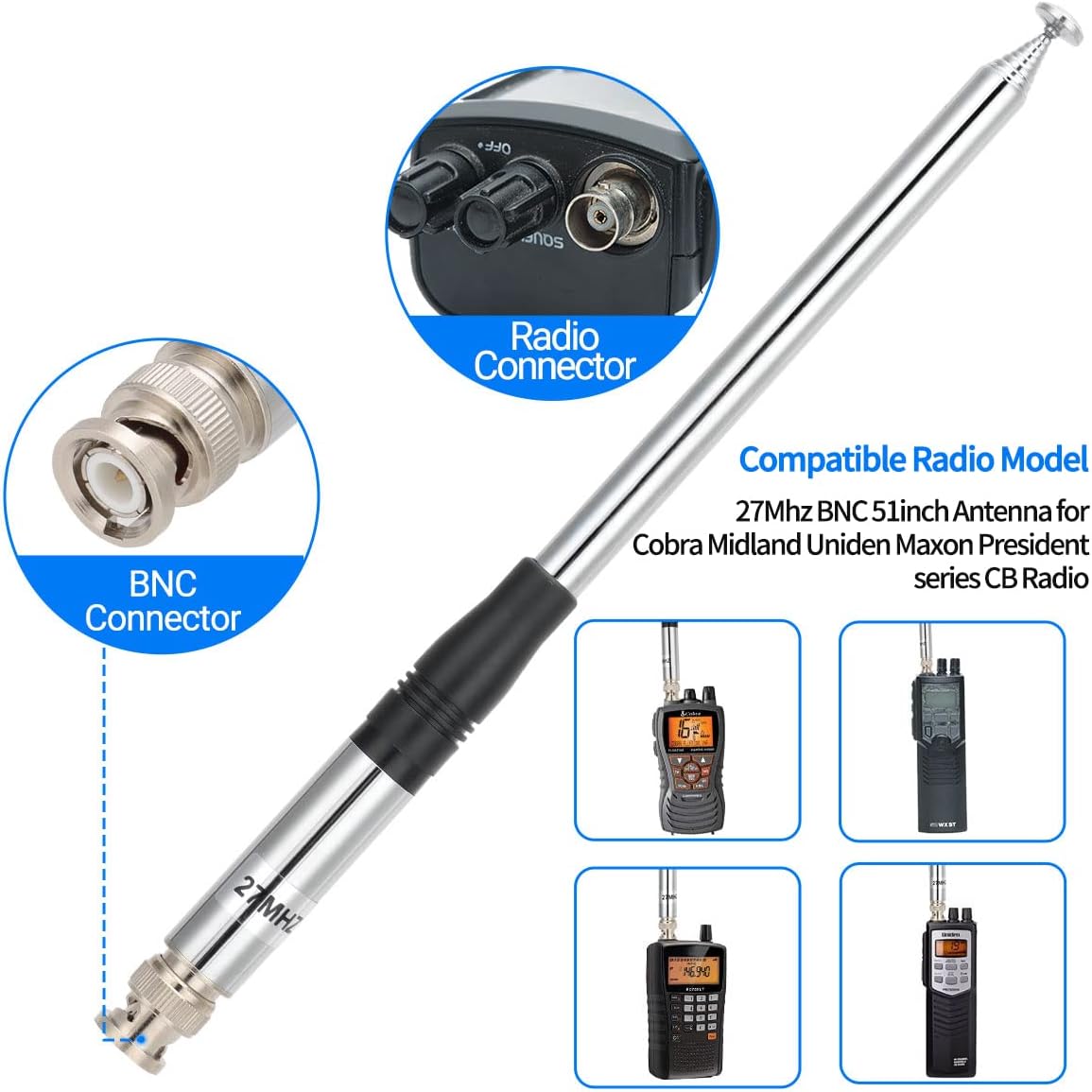 Roniware 27Mhz 9-Inch 51-inch 75-822 75-785 CB Antenna to Telescopic/Rod HT Antennas for Handheld CB Radio with BNC