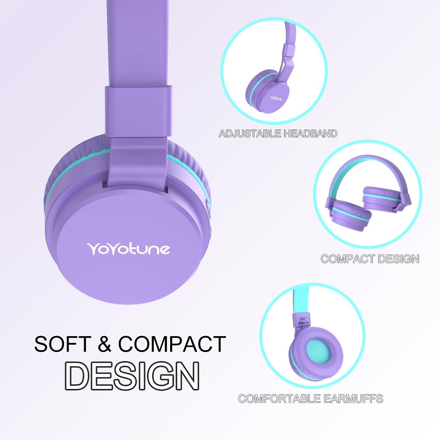 YOYOTUNE Wireless,85/94dB Volume,40H 5.3,Over Kids Bluetooth Headphones,Lightweight Kids Headphones Safe Playtime,Fast