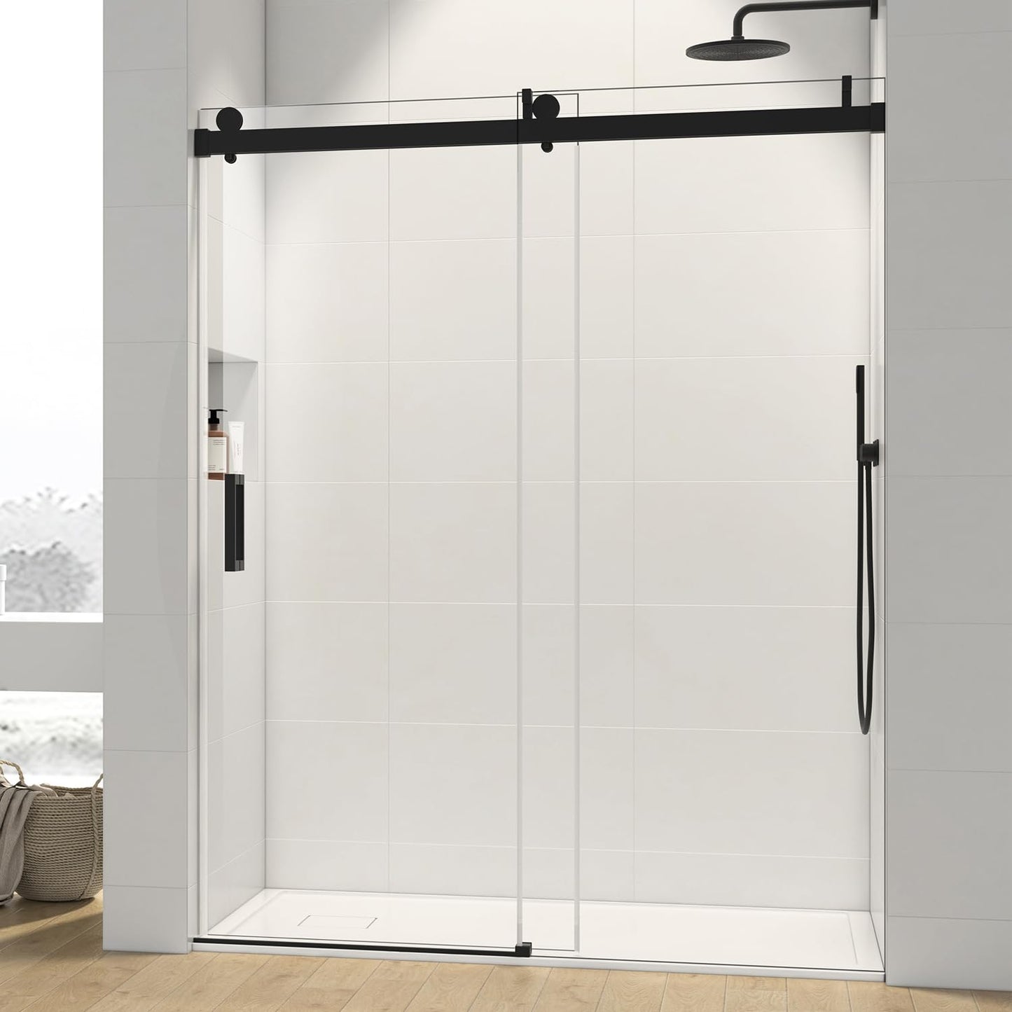 56-60" W x 76" H Frameless Sliding Shower Door, Single Sliding Glass Shower Door with Buffer 3/8"(10MM) Clear SGCC Tempered Glass, Explosion-Proof Film, Roller Disk System, Rust-Resistant.