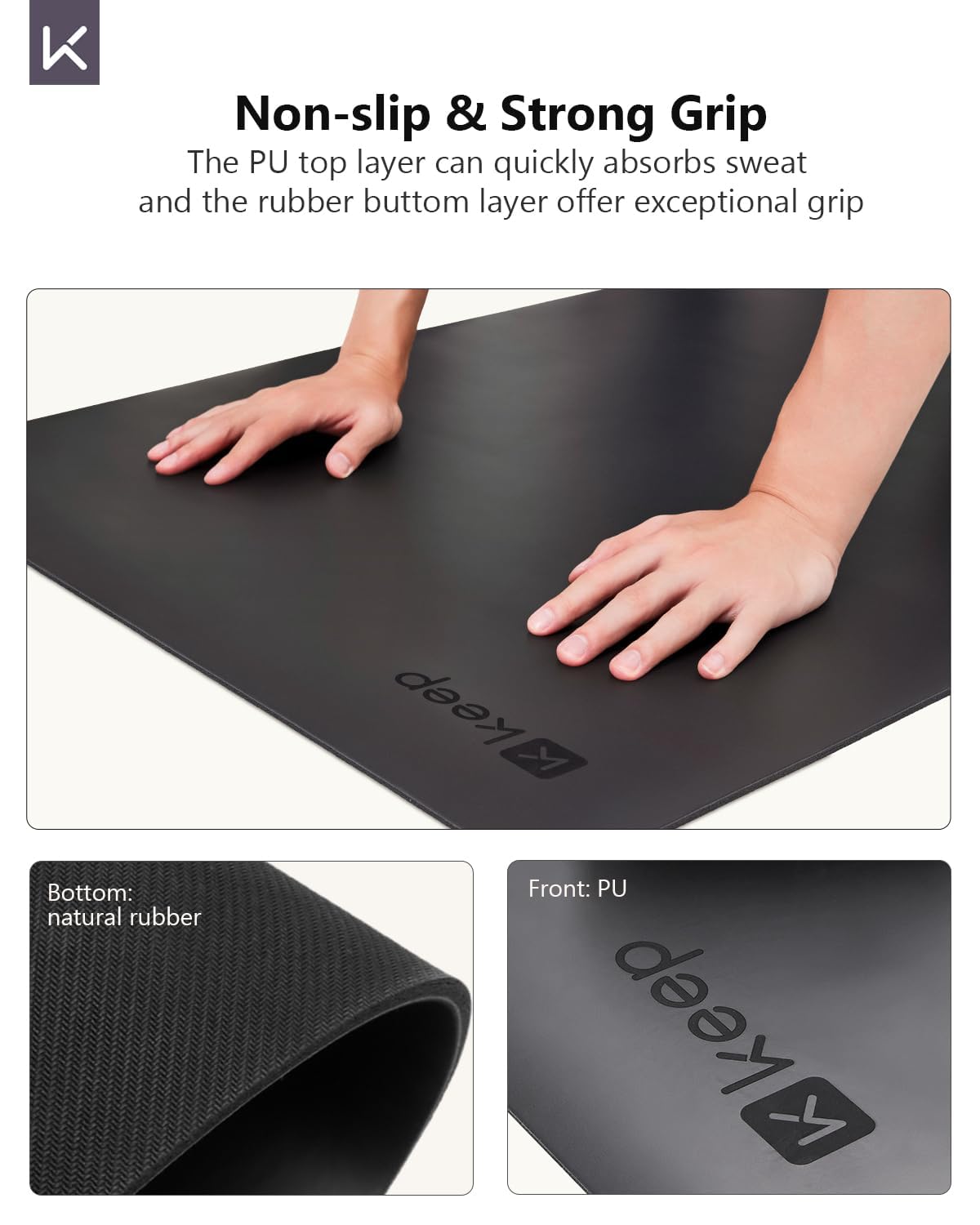 KEEP Yoga Mat Non Slip - PU & Natural Rubber Professional Exercise Mat for Women Men - 5mm Thick, 72"x26" Large Wide Heavy Duty Workout Mat for Hot Yoga, Pilates, Home Gym - Strap Included, Black