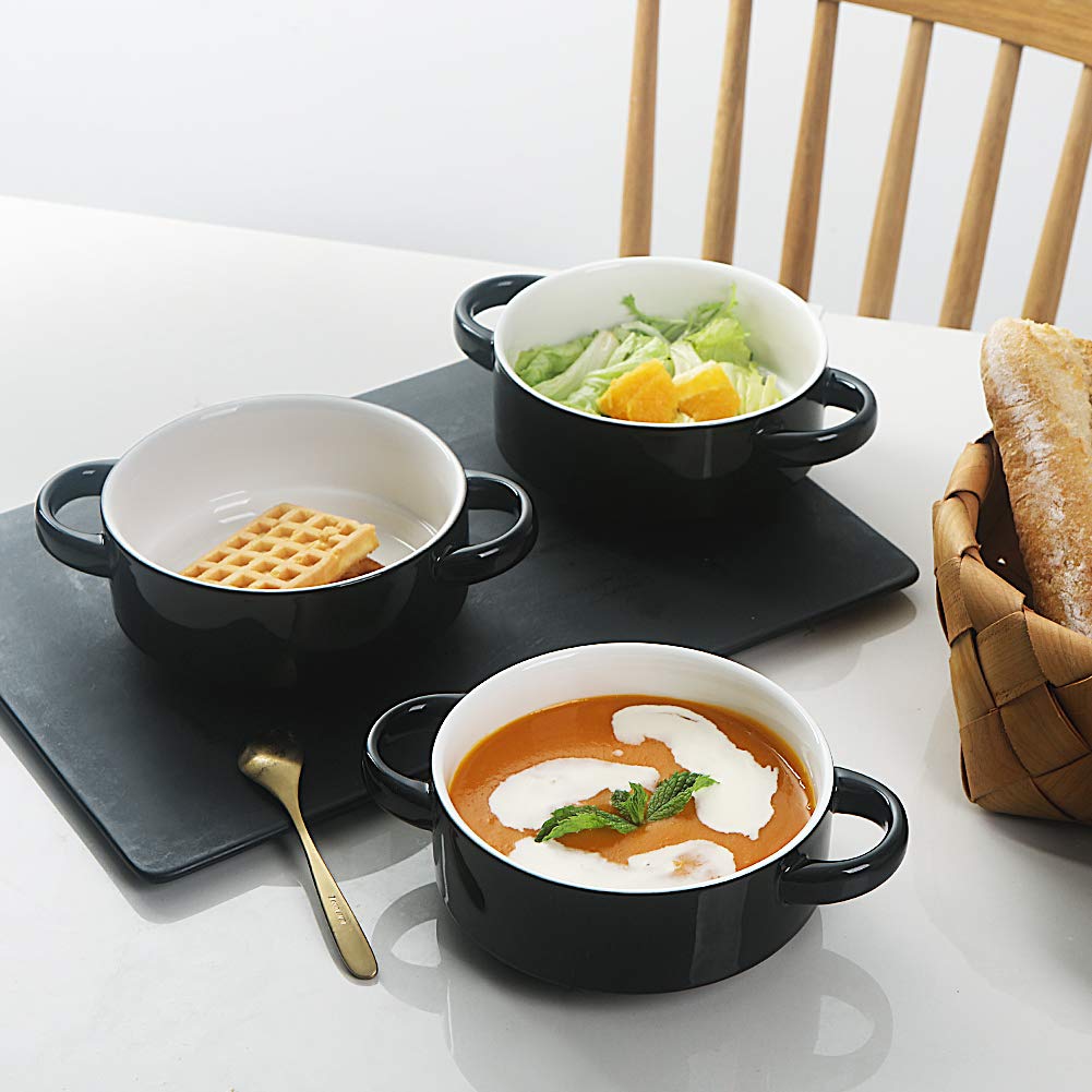 Sweejar Ceramic Soup Bowls with Double Handles, 20 Oz Stacked Bowls for French Onion Soup, Cereal, Pot Pies, Stew, Chill, Pasta, Set of 4 (Black)