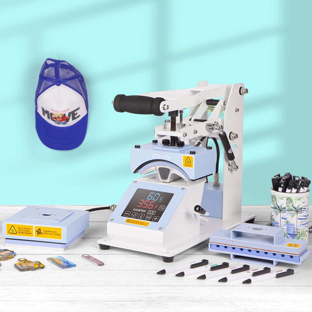 PYD Life 3 in 1 Mini Combo Heat Press Machine for Label Tag 5.8 x 5.8 Inch Light Blue 110 V Cap Hat Sublimation Pens Heat Press Machine