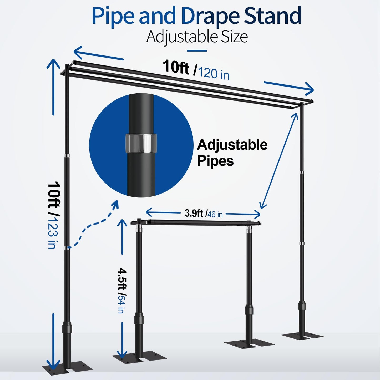 Qoolfoto 10x10ft Pipe and Drape Backdrop Stand, Three Crossbar, Heavy Duty Adjustable Background Frame with Metal Base for Parties Photography Wedding Photoshoot Decoration - Black