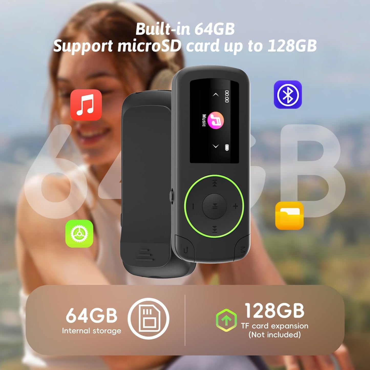 wiwoo 64GB MP3 MP3 Sport Clip on Player with Bluetooth- Superlight Mini Player with Clip and Recorder(No FM), MicroSD