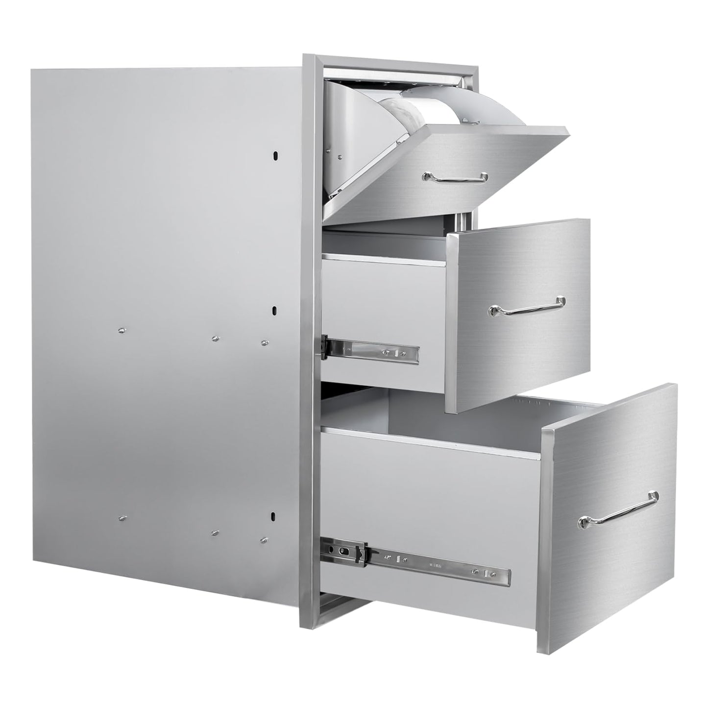 Outdoor Kitchen Drawers with Paper Towel Holder 17"Wx30"Hx20"D Flush Mount Access 3-Drawer BBQ Stainless Steel Drawers with Handle for Outdoor Kitchen Island or Grill Station