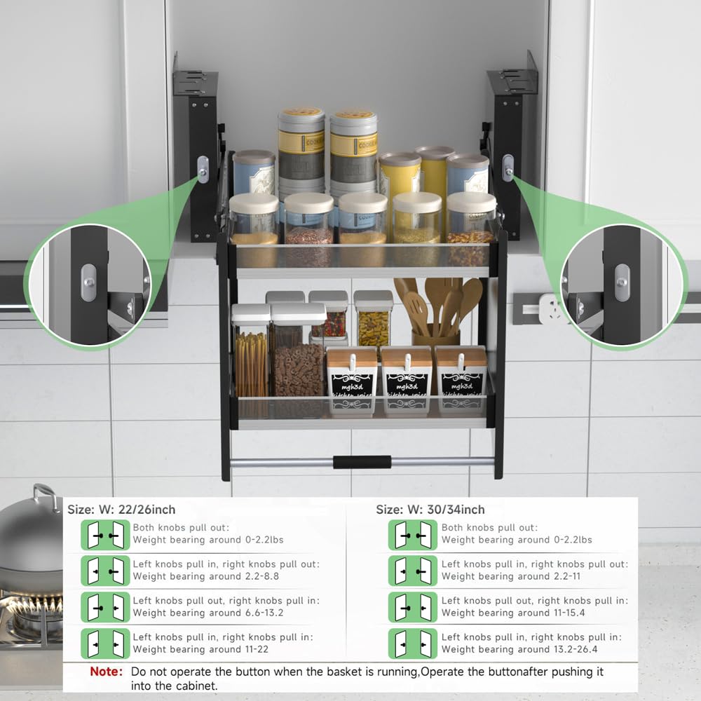 MIYUPTC Pull Down Shelf, Kitchen Wall Cabinet Upper Storage Organizer, 2 Tier Kitchen Shelf Spice Rack, 22-24 Inch Width, Black