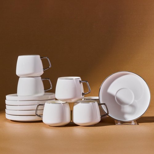 KARACA Saturn Platin Turkish Coffee Cup Set of 6, (12 Piece) White Cups with Saucers - 3.3 oz Small Porcelain Modern Set - Ideal for Serving Greek, Arabic Coffee & Espresso