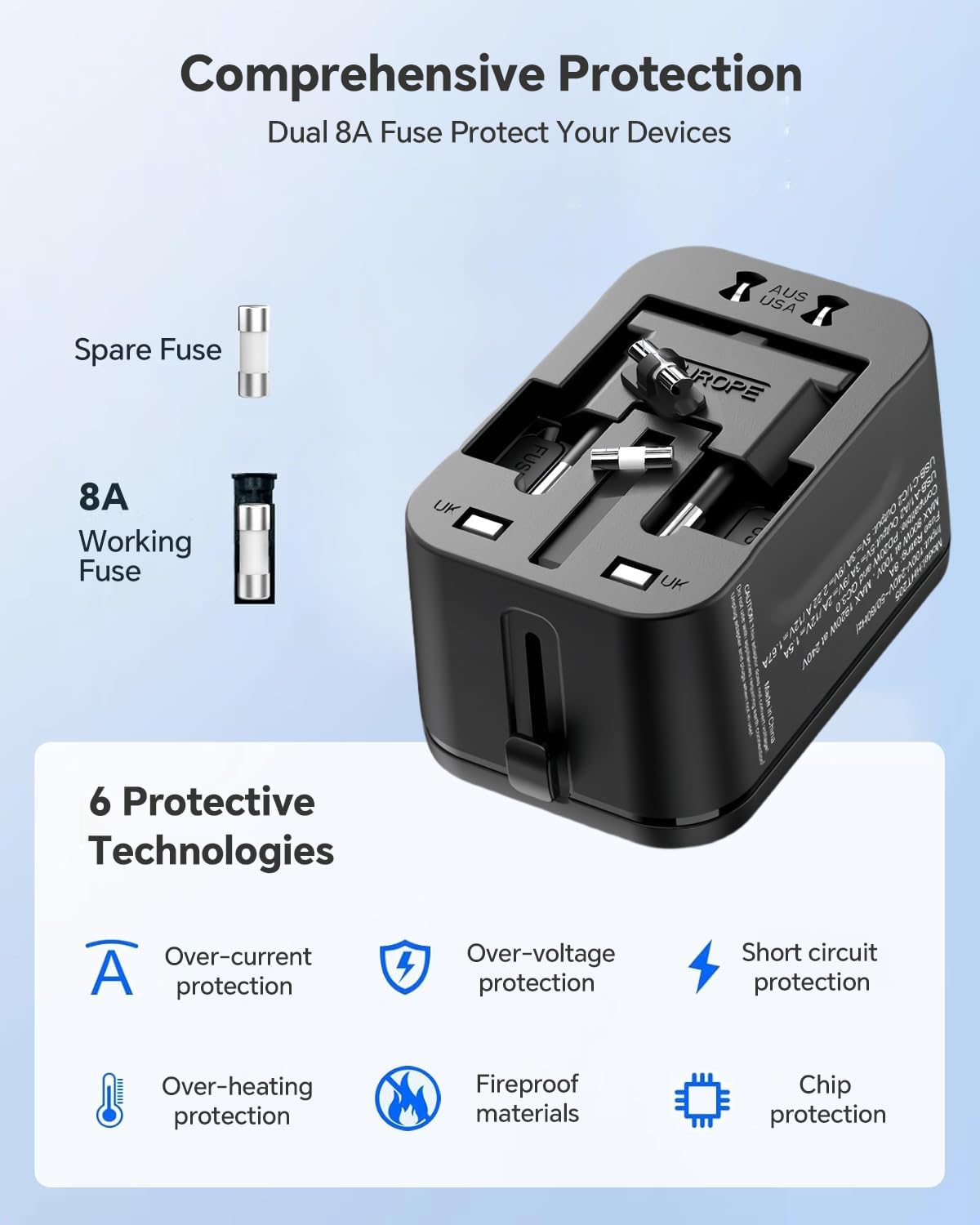 MINGTONG 2 PD20W 2 QC18W Universal Travel Adapter with USB-C & USB-A Ports, Fast Charging International Power Plug