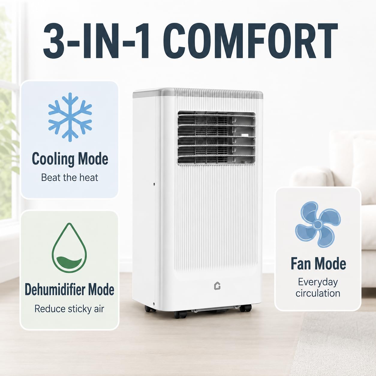 GarveeLife 8,000 BTU Portable Air Conditioner for Bedroom Office Dorm, Cools up to 350 Sq. Ft, 3-in-1 Compact AC Unit with Cooling, Dehumidifier, Fan Modes, Remote Control and Window Kit, White