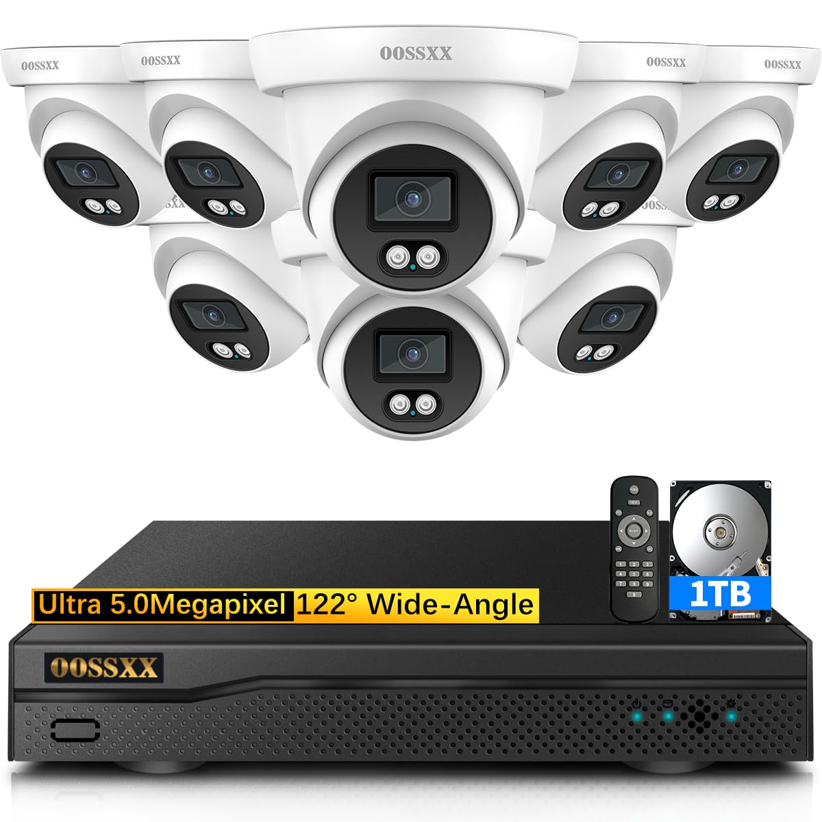OOSSXX (2026 New) 5MP Wired Security Camera System, 8CH DVR with 1TB Hard Drive, 8 CCTV Cameras, AI Human Detection, 122° Wide Angle, 65ft Night Vision, IP67 Waterproof, Free App, No Monthly Fee