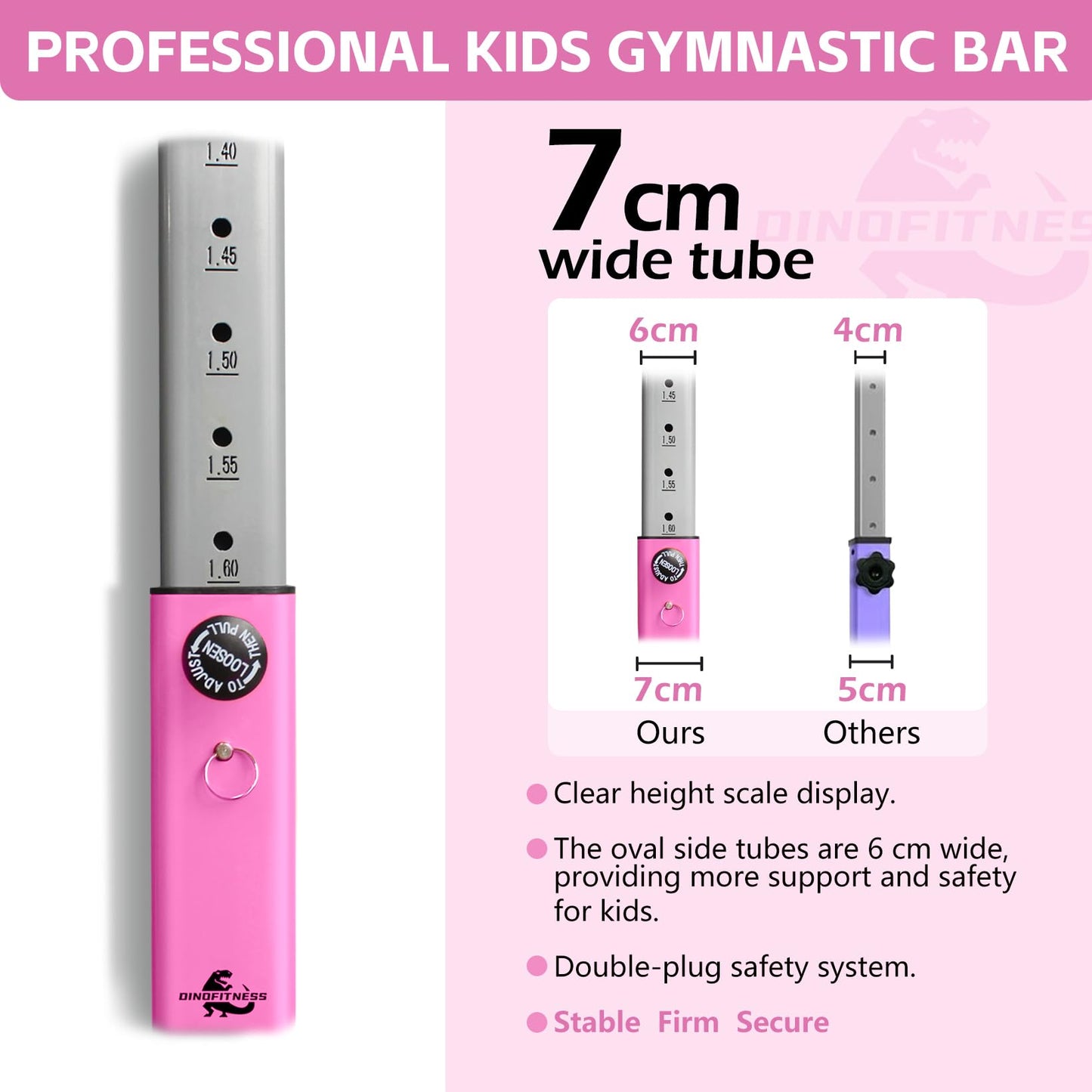 DINOFITNESS Gymnastics Bar for Kids,11 Levels Adjustable Height Gymnastics Equipment for Home,Thickened Upright Tube Gymnastic Horizontal Bars,No Wobble Gymnastics bar for Kids Ages 3-16 (Pink)