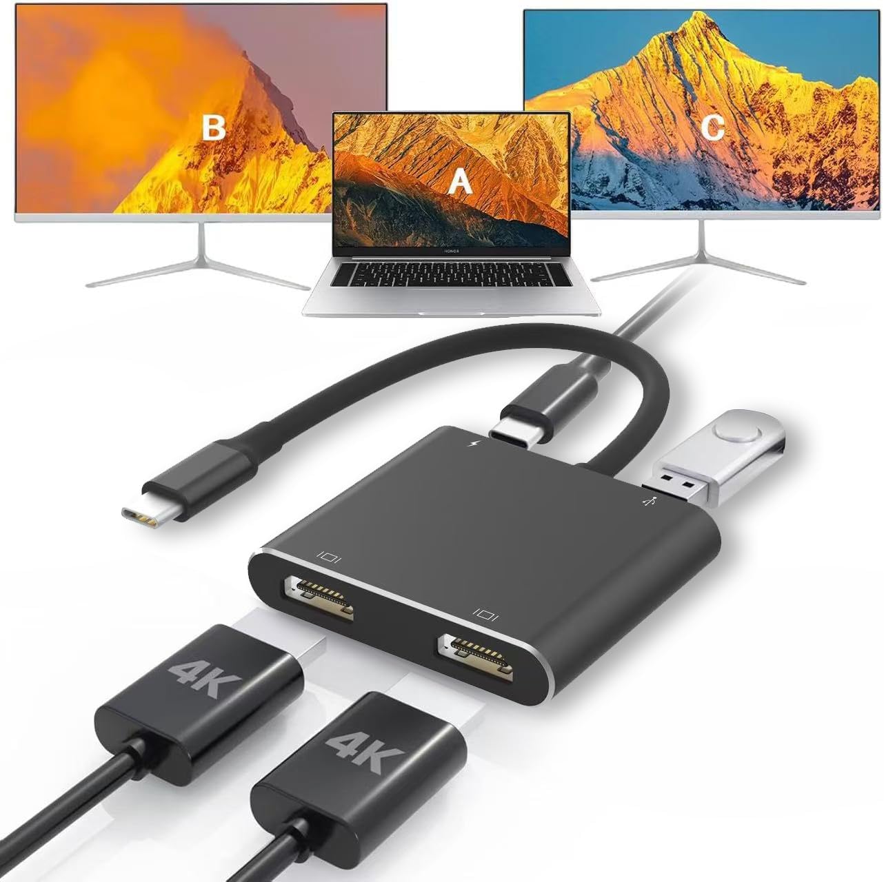 Fophmo 4K@60Hz 3 100W USB C to Dual HDTV Adapter, HDTV Splitter Extend Display for Dual Monitors, macOS Only Allows