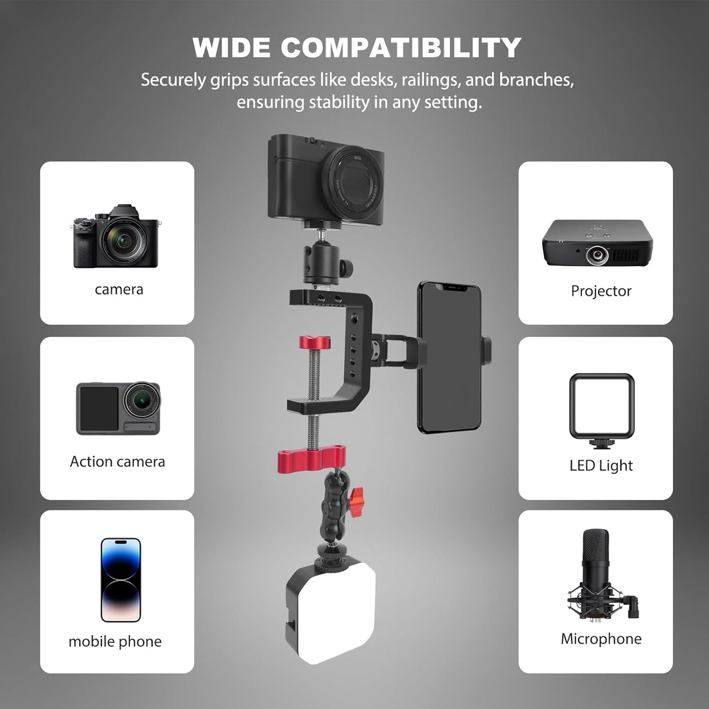 1/4" 3/8" 2.36" (62021) C Clamp Desk Camera Mount, Aluminum Table C-clamp with Thread, Desktop DSLR Mount for Photo