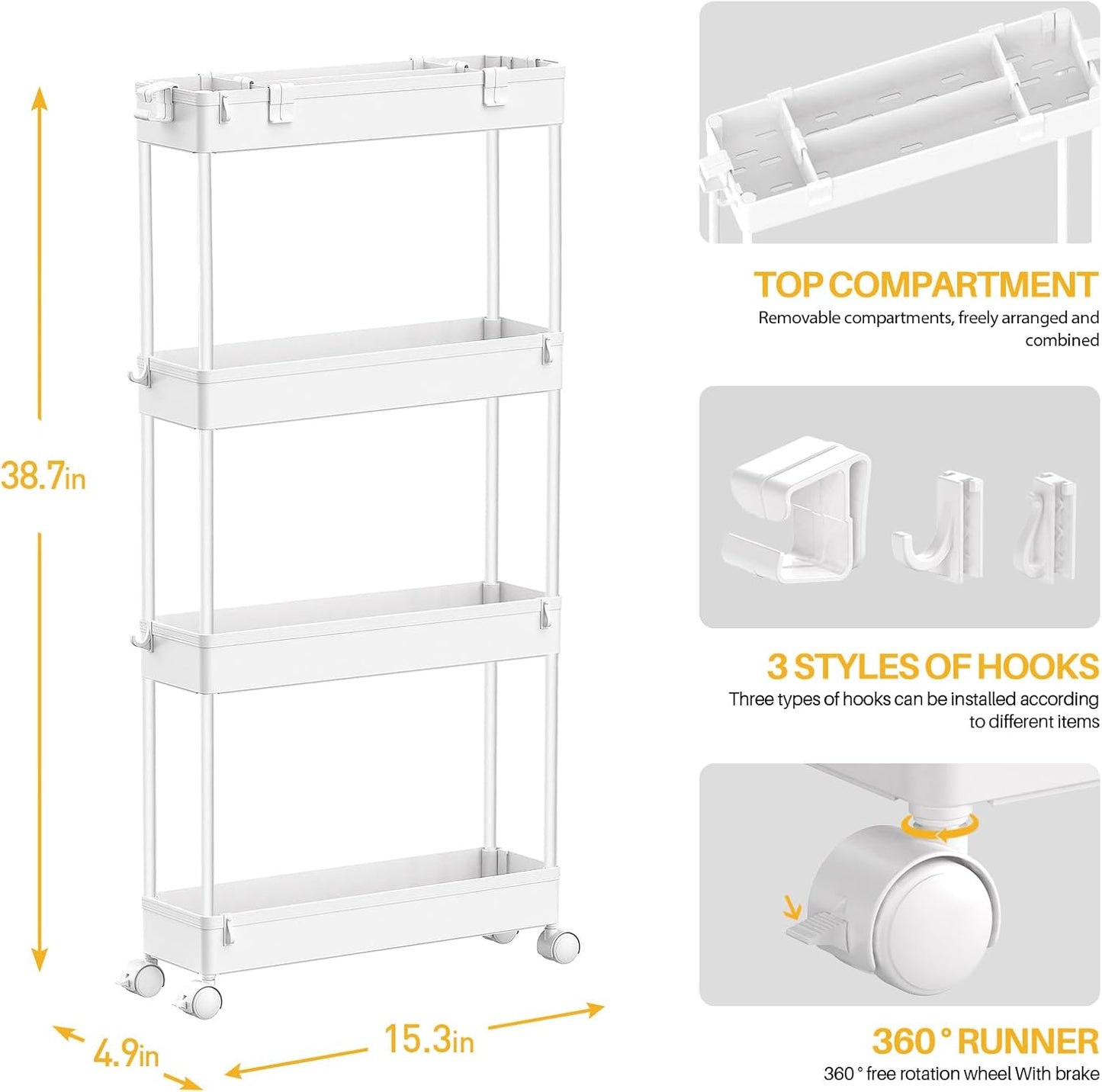 SPACELEAD Slim Storage Cart - 4-Tier Rolling Utility Organizer for Bathroom, Kitchen & Office - White